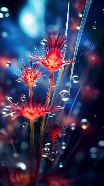 幻梦般的水珠落在植物上方摄影图版权图片下载