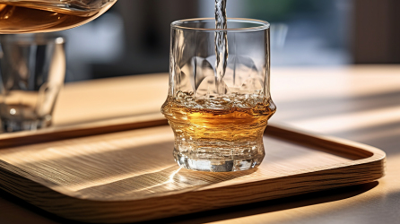 透明水般的酒液倒在玻璃杯里在木质托盘上