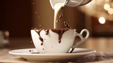 巧克力滴在杯子上的热牛奶摄影图片