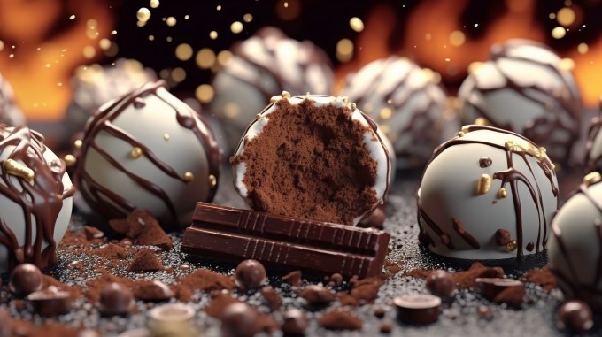 精细融化巧克力和棉花糖点缀的巧克力松露摄影图