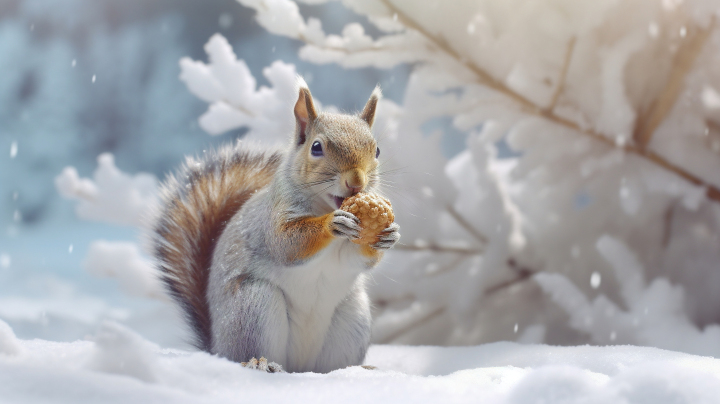 银灰光泽的冰雪场景中松鼠啃食松果摄影图版权图片下载