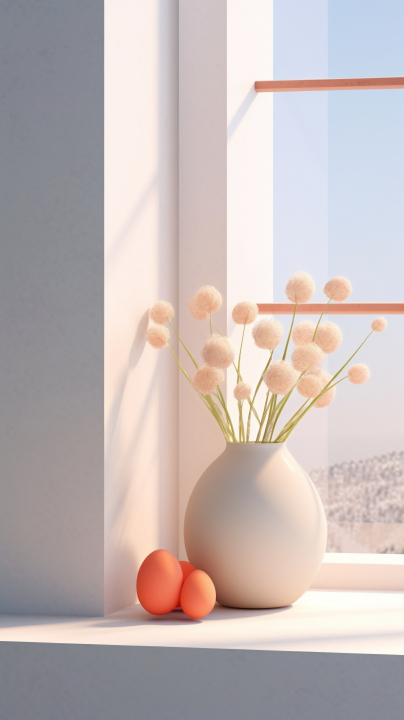 白色花瓶中的鸟蛋和花朵的3D云彩窗台摄影版权图片下载