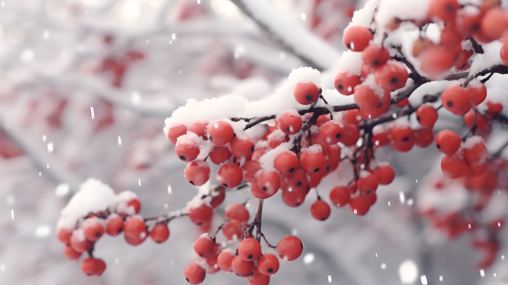 红色浆果白雪覆枝桠摄影图版权图片下载
