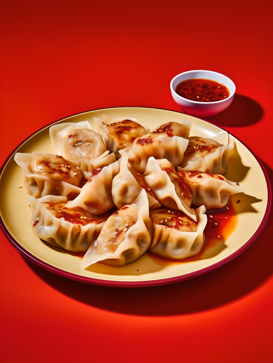 红色背景的中国饺子摄影版权图片下载
