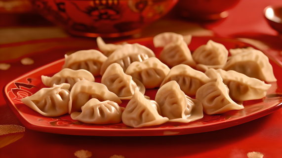 红色背景的中国饺子摄影图片