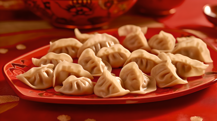 红色背景的中国饺子摄影版权图片下载