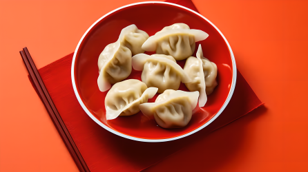 红色背景的一盘中国饺子摄影图片