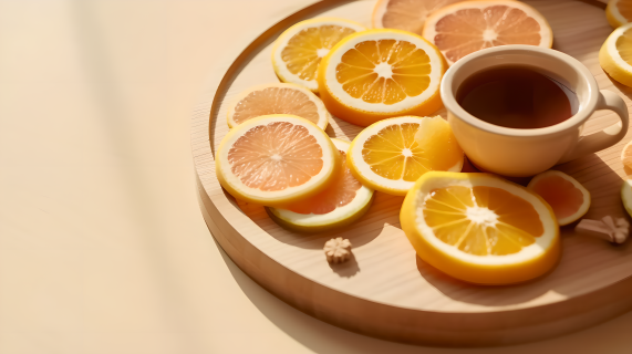 木盘上的柠檬茶摄影图片