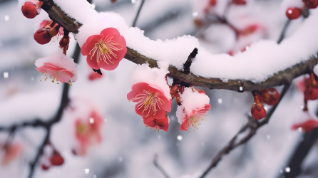 梦幻雪中桃花特写摄影图片