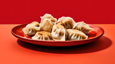 红色背景上的一盘中国饺子摄影图片