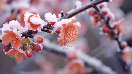 桃花枝上雪花飘落摄影图片