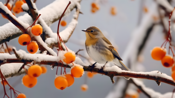 树枝上的小鸟和橙色浆果摄影图
