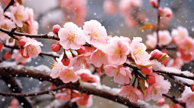 桃花枝上雪近景摄影图片