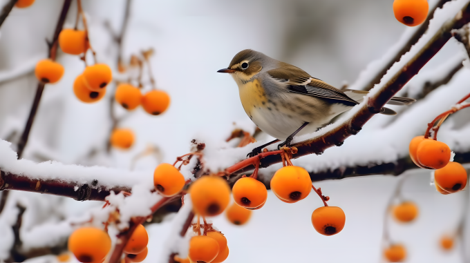 冬日枝头上小鸟与橙色浆果的摄影图片