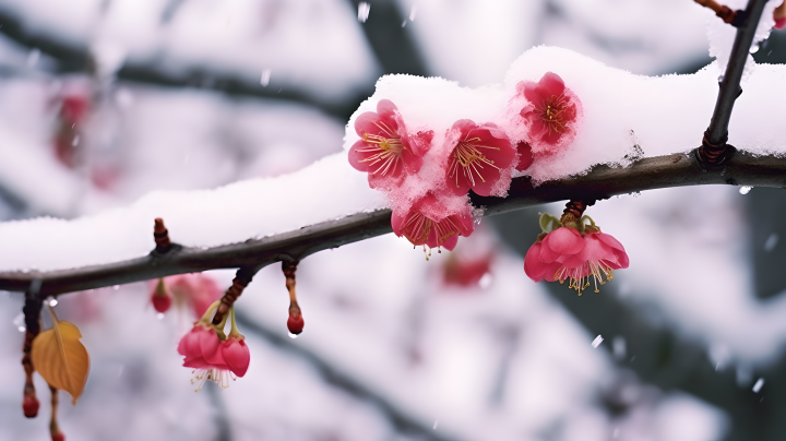 桃花枝上的积雪近景摄影图版权图片下载