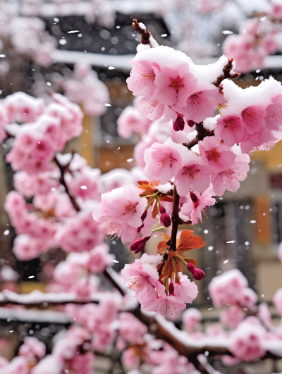 桃花雪景粉色花朵摄影图片