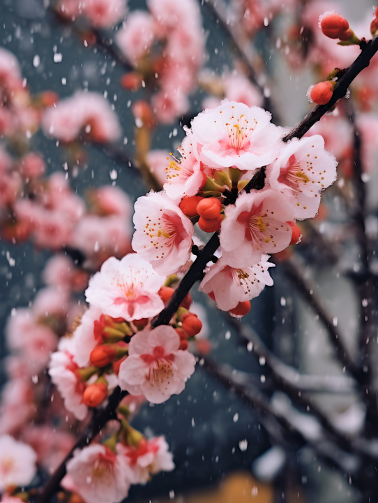 雪中桃花大自然的表达摄影图版权图片下载