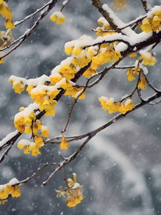 白雪覆盖枝上的黄花摄影版权图片下载