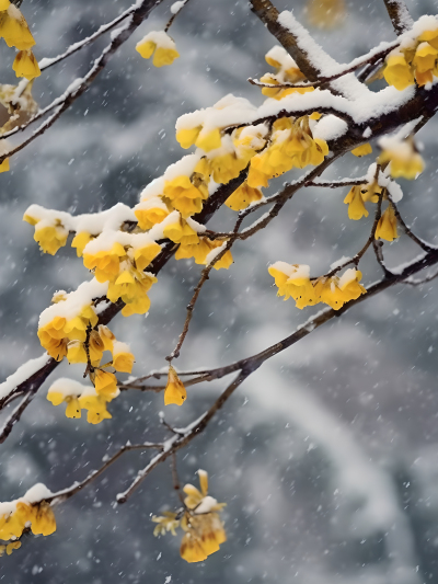 白雪覆盖枝上的黄花摄影图片