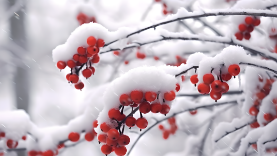 飘雪覆盖的浆果枝干摄影图片
