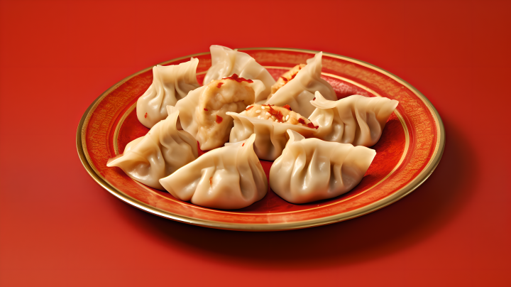 红色背景下的中国饺子摄影版权图片下载