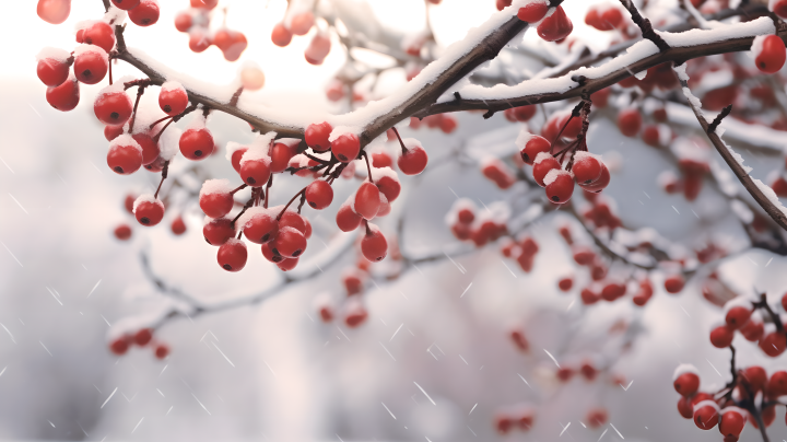 冰雪覆盖的浆果树枝摄影版权图片下载
