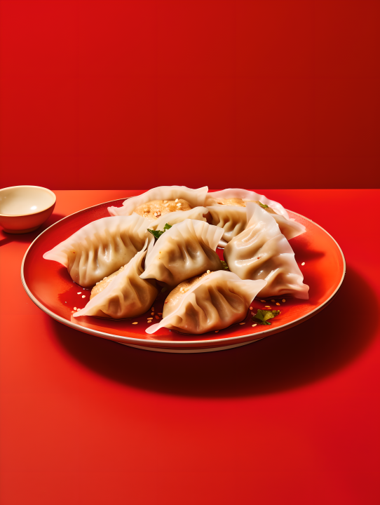红色背景的中式饺子摄影版权图片下载