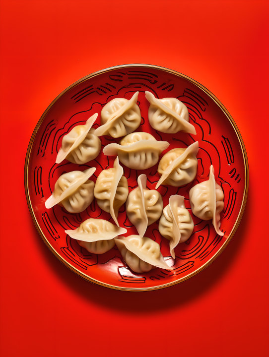 红色干净背景的中餐饺子摄影版权图片下载