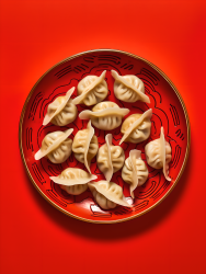 红色干净背景的中餐饺子摄影图片