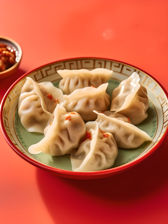 清新红色背景上的一盘中国饺子摄影版权图片下载