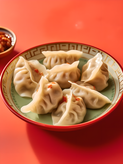 清新红色背景上的一盘中国饺子摄影图片