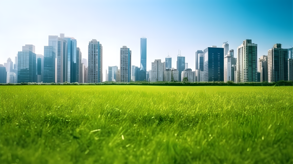 绿草与摩天楼的交织美景摄影图
