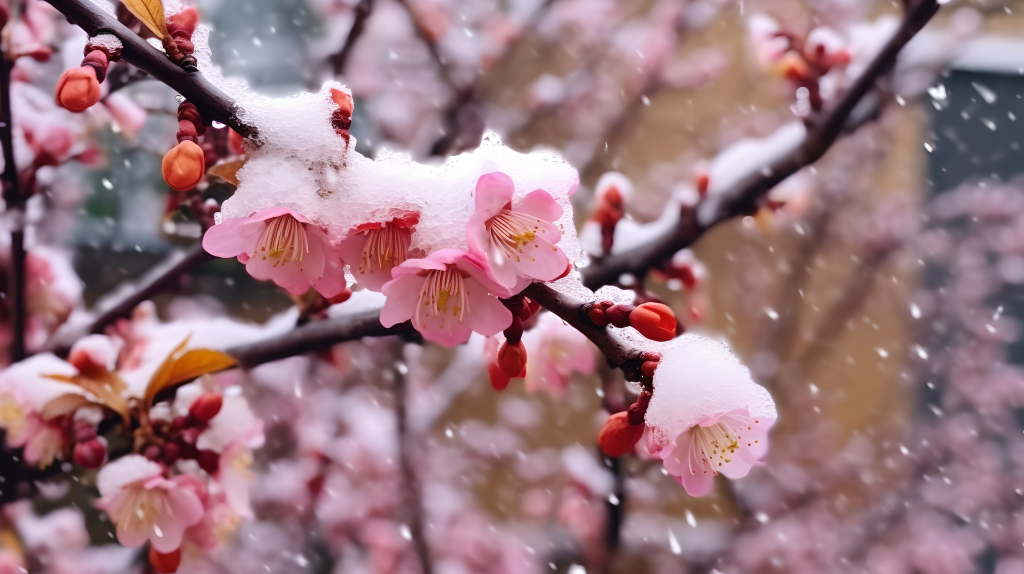桃花雪枝唯美雪景摄影图