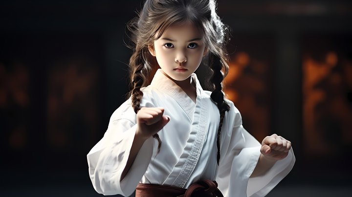 少儿跆拳道训练中的亚洲小女孩摄影图版权图片下载