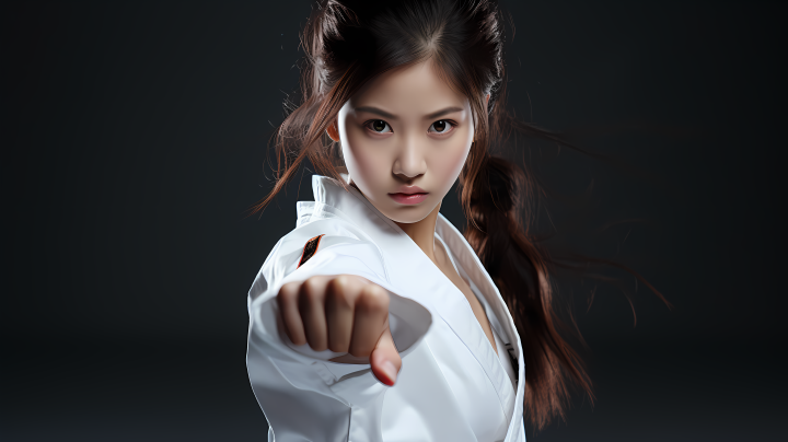 跆拳道实战亚洲女孩出拳摄影版权图片下载