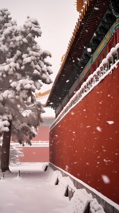 故宫红墙与白雪摄影图