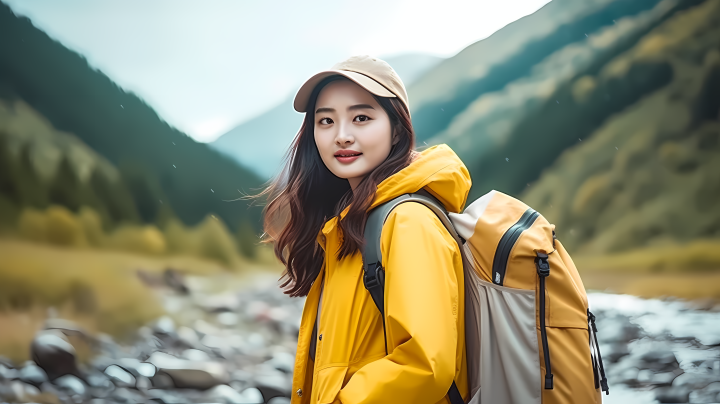户外徒步雪山背景下穿着黄色夹克的女生摄影版权图片下载