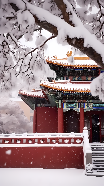 故宫红墙白雪摄影图片