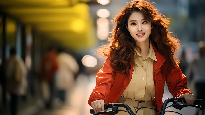 爱骑行的中国亚洲女孩摄影图版权图片下载