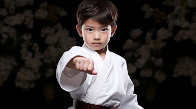 儿童跆拳道培训白色武术战袍少年摄影图片