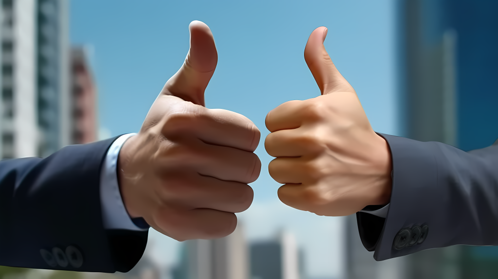 竖大拇指楼前的商务人士摄影图