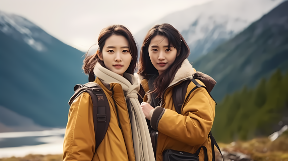 徒步旅行亚洲女孩黄色外套摄影图片