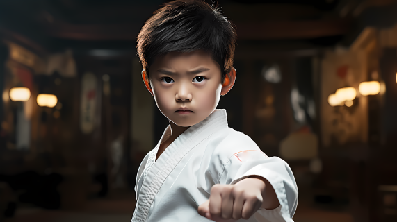 中国跆拳道白色武术服少年摄影图片