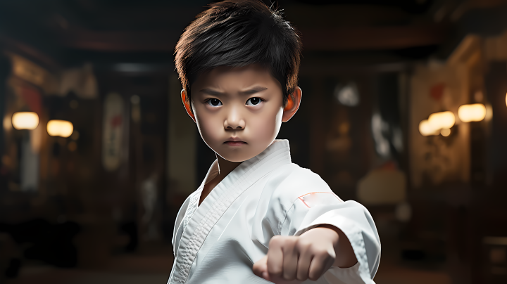 中国跆拳道白色武术服少年摄影版权图片下载