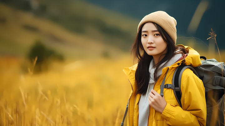 徒步旅游亚洲女孩黄色夹克近景摄影版权图片下载