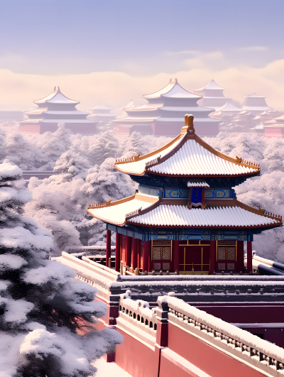 紫禁城山雪景观自然光照高清摄影图
