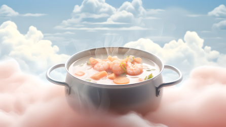 鲜虾汤悬浮食物的童话之景摄影图