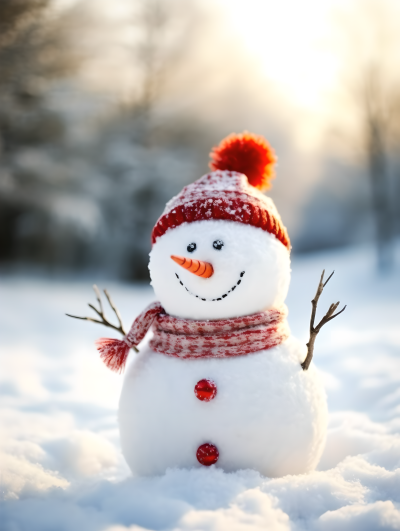 圣诞老人帽子的雪人摄影图