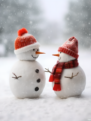 圣诞老人的帽子在雪人头上的特写摄影图