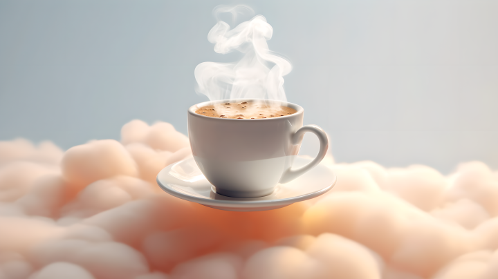 热咖啡飘浮在天空中摄影版权图片下载
